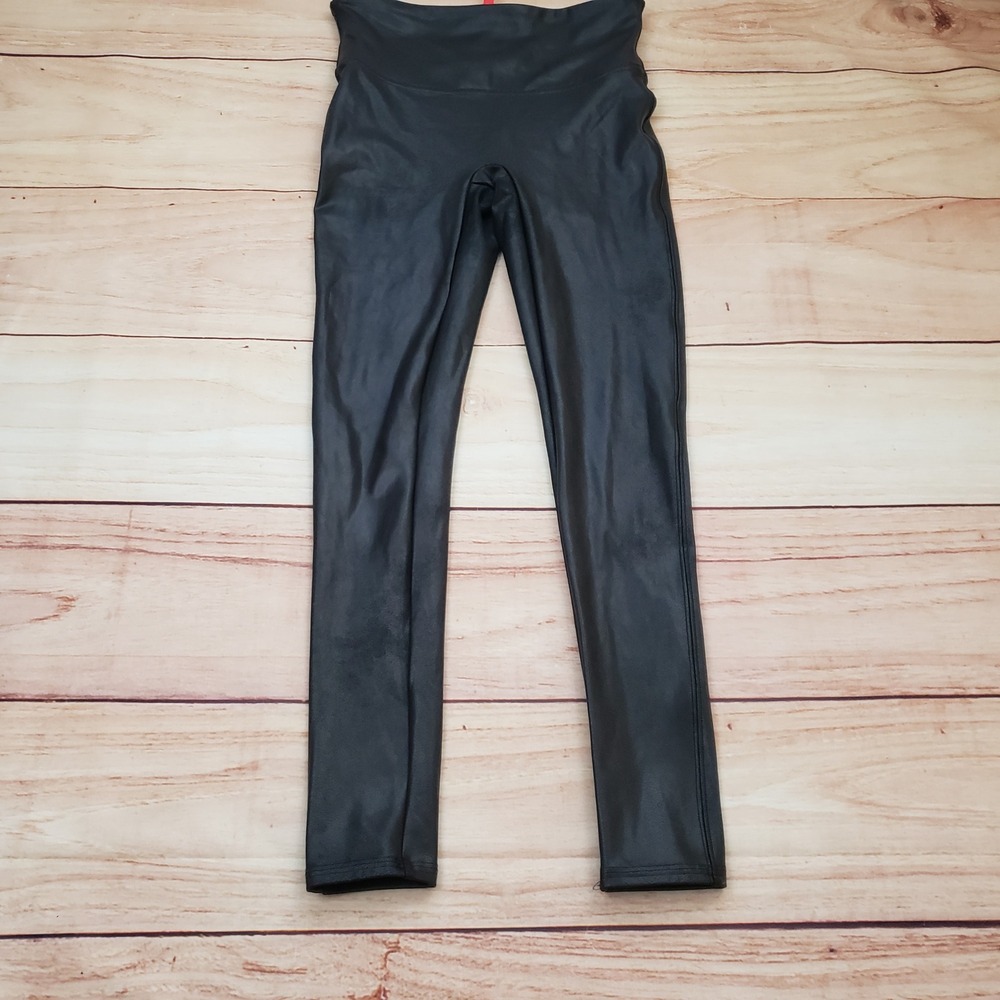 Spanx Faux Leather Leggings Womens Medium Petite Black High Waist Edgy Chic